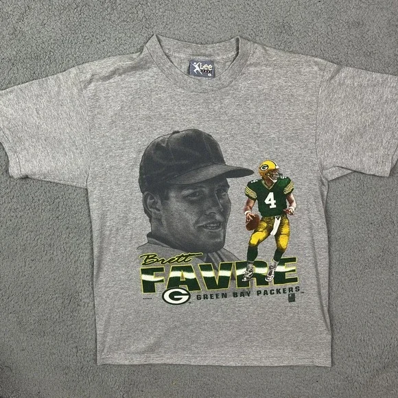 VTG 90s Lee Sport Brett Favre #4 Green Bay Packers NFL Grey T-Shirt USA Size L - Picture 1 of 6